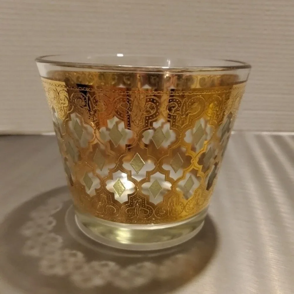 Vintage Culver Valencia 22K Gold Glass Ice Bucket with Green Diamonds MCM